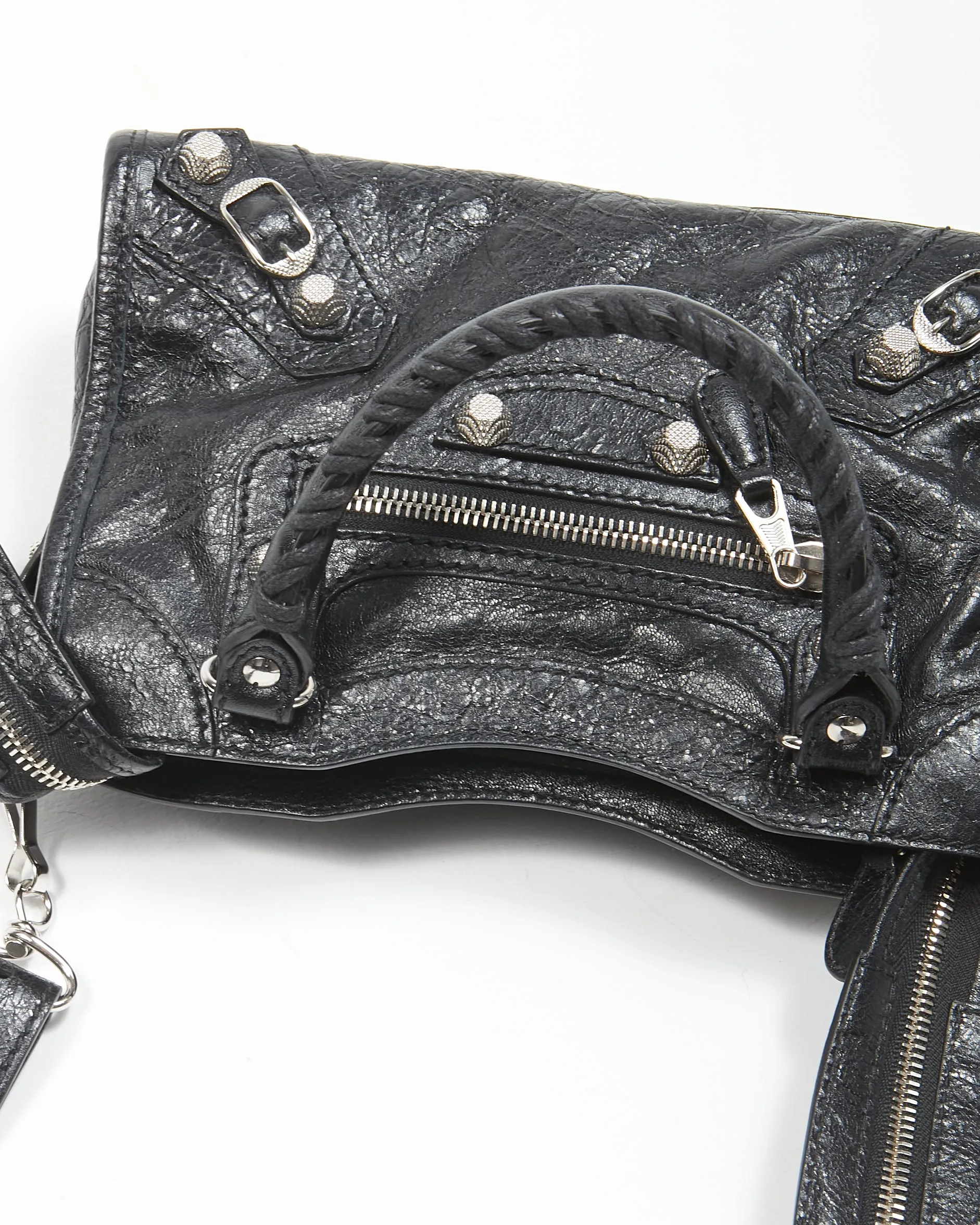 Balenciaga Black Crinkle Leather Motocross Giant 12 Mini City Bag