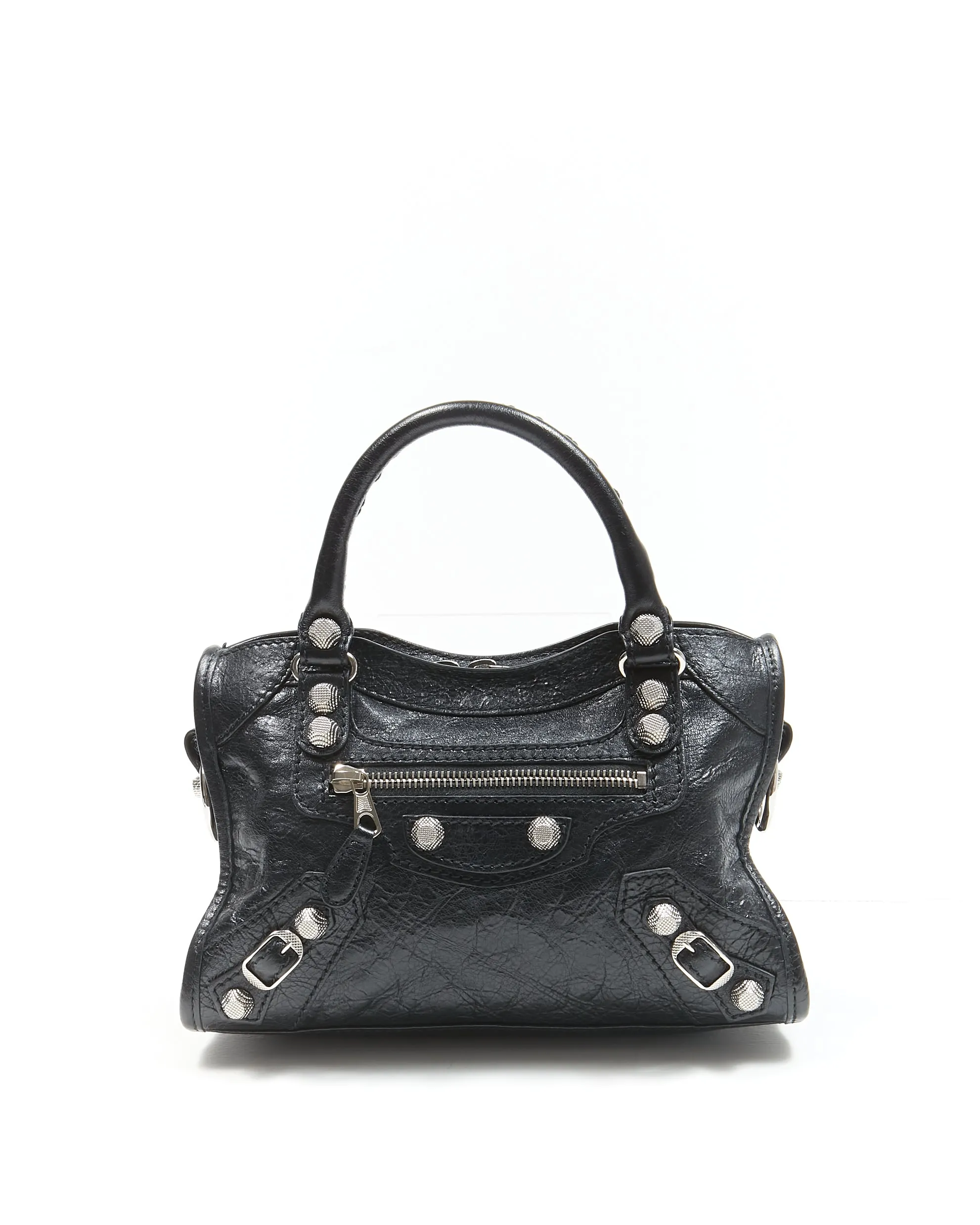 Balenciaga Black Crinkle Leather Motocross Giant 12 Mini City Bag