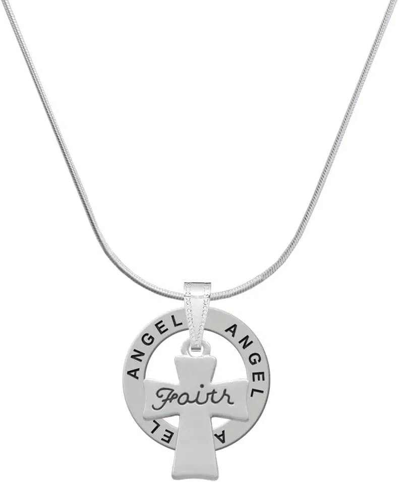 Delight Jewelry Silvertone Faith Flat Cross - Angel Ring Charm Necklace, 18"