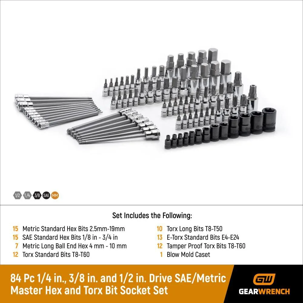GEARWRENCH Master SAE/Metric and TORX Bit Socket Set 84 pc 1/4 3/8 & 1/2 In. Drive