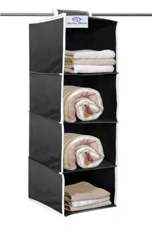 Heart Home 4 Shelf Closet Hanging Organizer, 4 Tier Closet Wardrobe Organizer Clothes Storage Hanger for Family Closet Bedroom, Foldable and Universal Fit (Black)-HHEART15327 Heart Home 4 Shelf Closet Hanging Organizer, 4 Tier Closet Wardrobe Organizer Clothes Storage Hanger for Family Closet Bedroom, Foldable and Universal Fit (Black)-HHEART15327