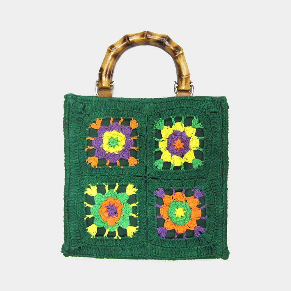 iLLASPARKZ Granny Square Flower Pattern Crochet Bamboo Handle Crossbody Bag
