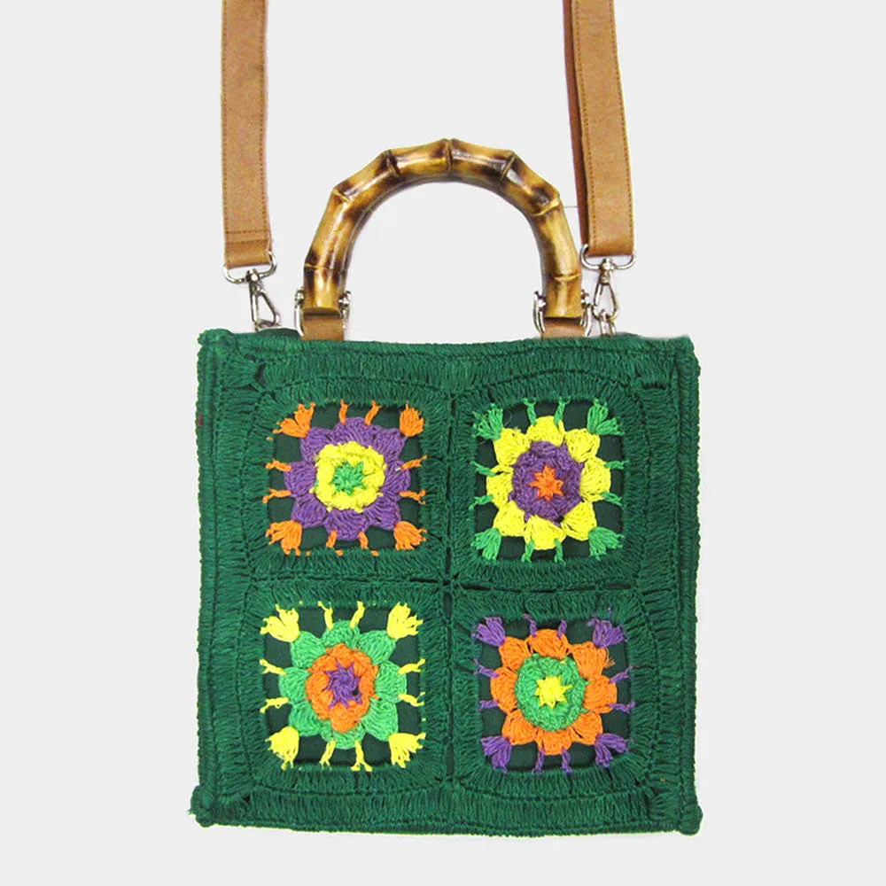 iLLASPARKZ Granny Square Flower Pattern Crochet Bamboo Handle Crossbody Bag