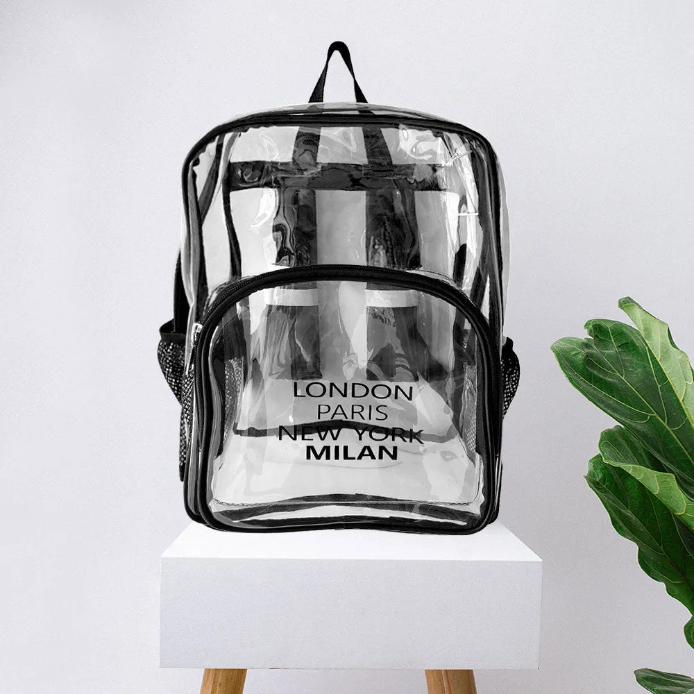 iLLASPARKZ London Paris New York Milan City Name Printed Transparent Backpack Bag