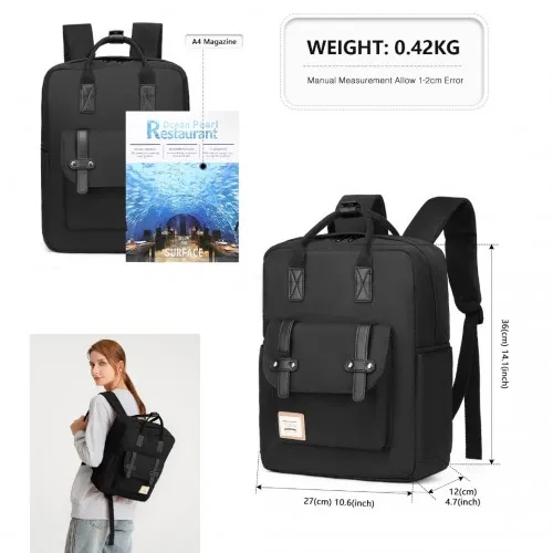 Kono Casual Daypack Lightweight Backpack - Water Resistant & Versatile Design, Full Black