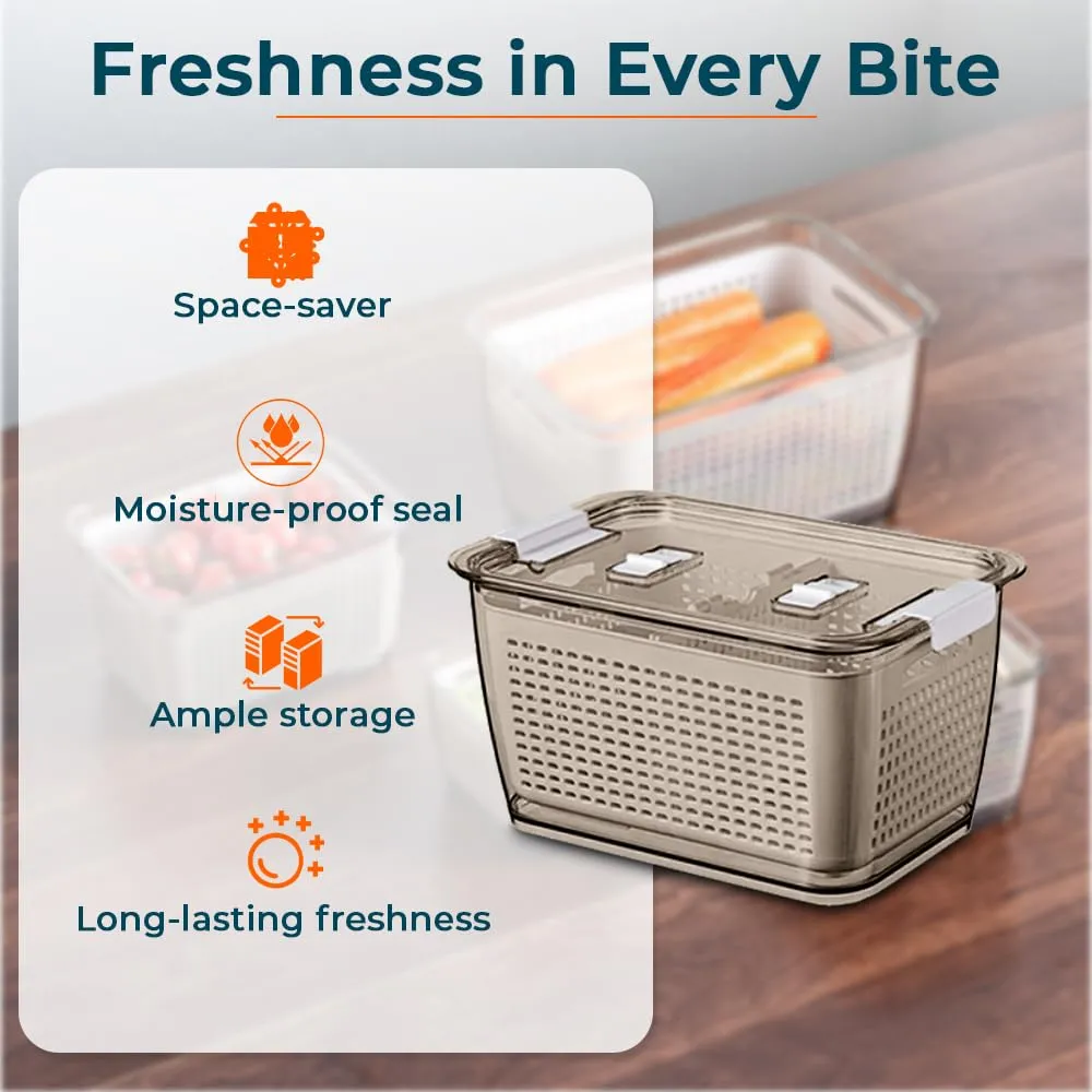 Kuber Industries Large Refrigerator Storage Crisper with Lid & Detachable Hollow Basket-Pack of 2 (Brown)