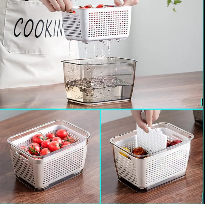 Kuber Industries Large Refrigerator Storage Crisper with Lid & Detachable Hollow Basket-Pack of 2 (Brown)