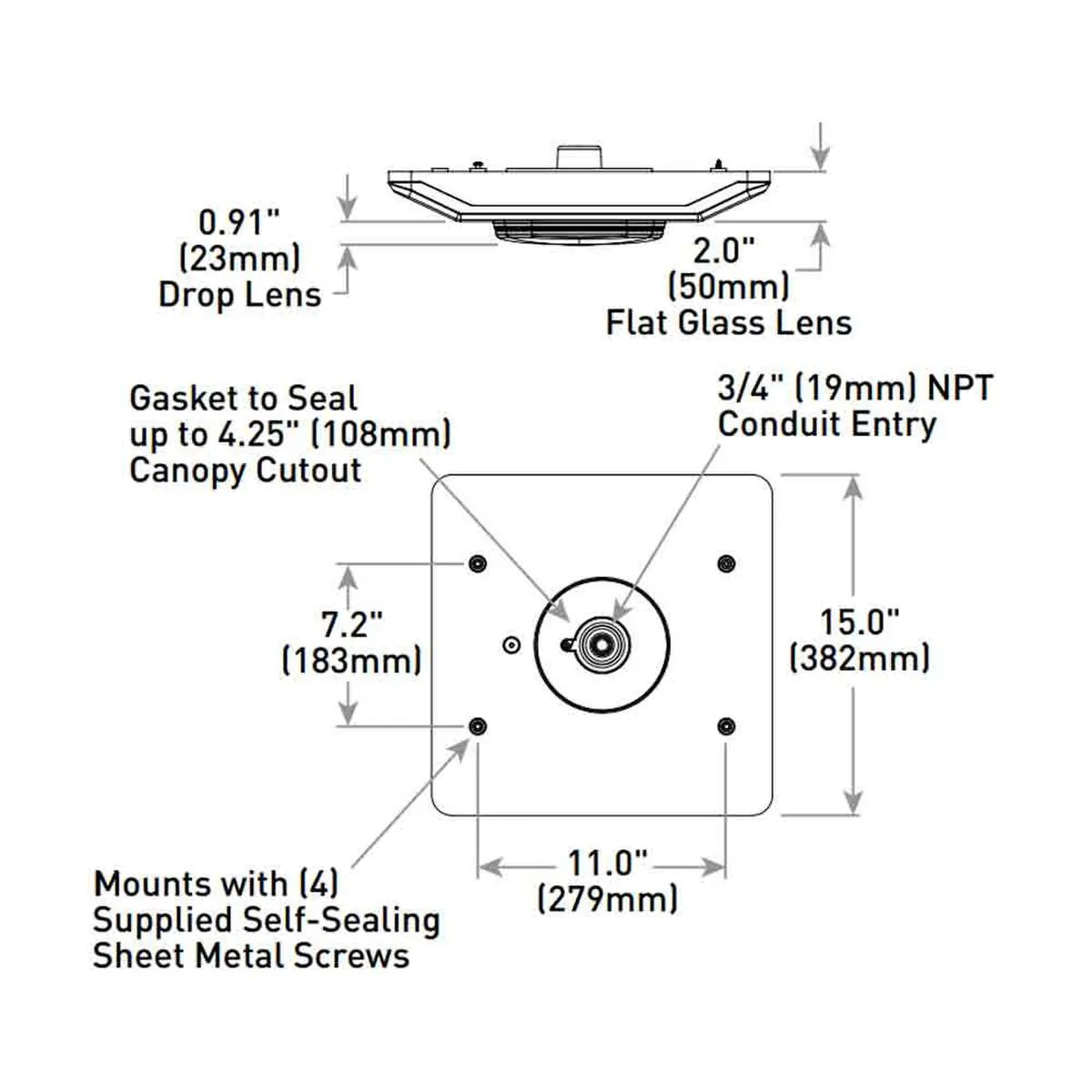 LED Gas Station Canopy Light, 120-277V, Drop Lens