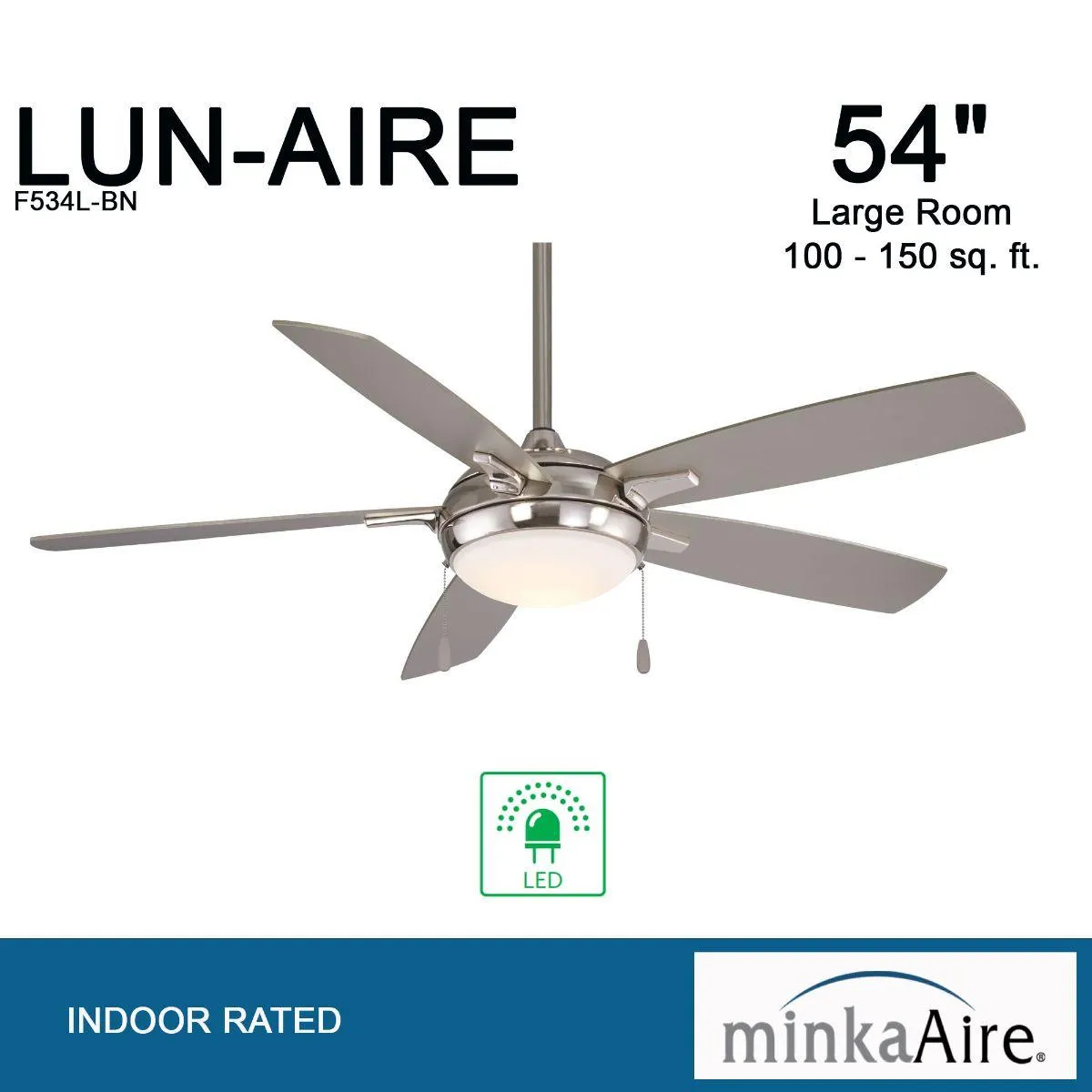 Lun-Aire LED 54" Nickel Ceiling Fan with Pull Chain