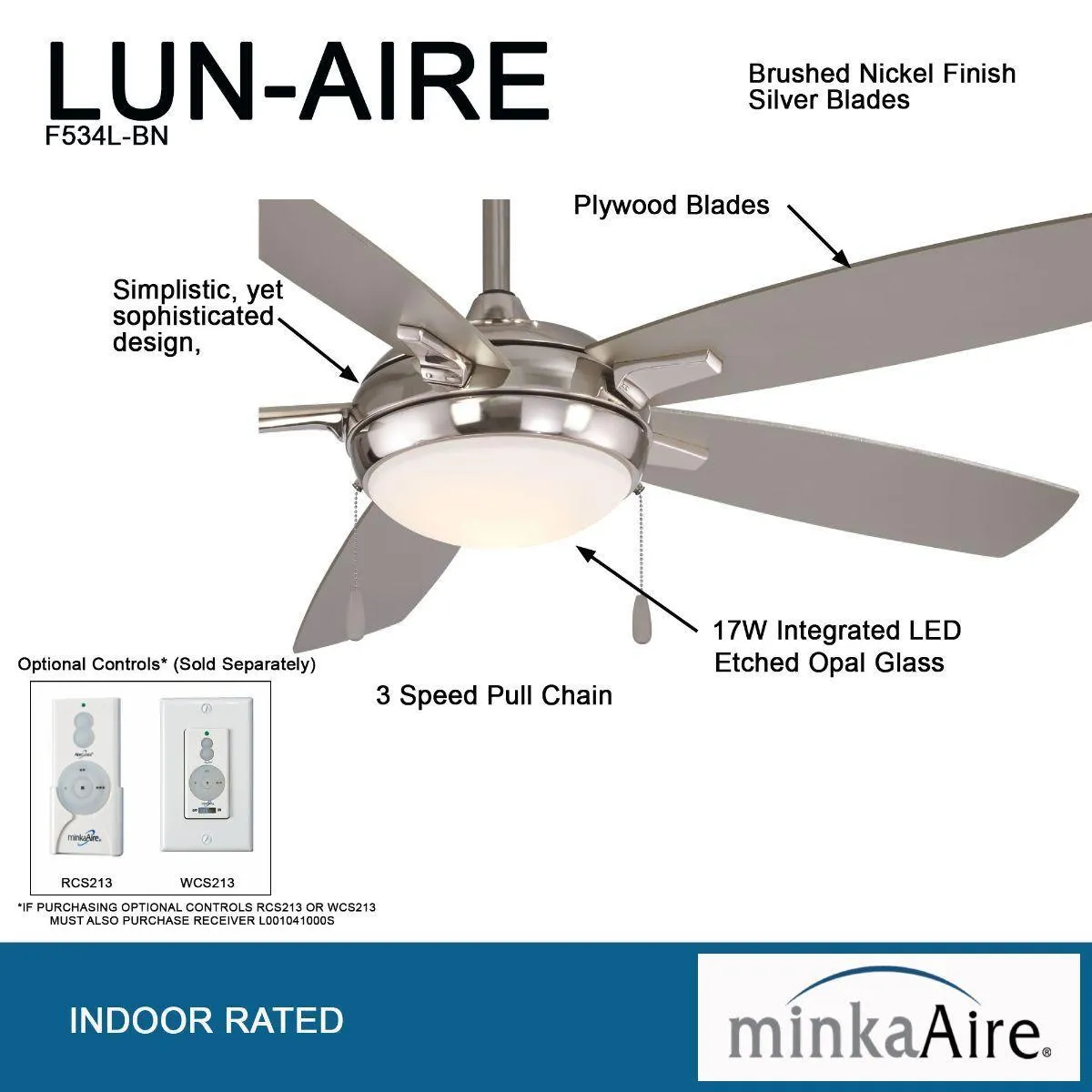 Lun-Aire LED 54" Nickel Ceiling Fan with Pull Chain