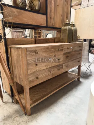 Mango wood and rattan console with 6 drawers Mango wood and rattan console with 6 drawers
