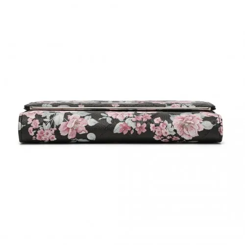 Miss Lulu Ladies' Flower Printed PU Leather Long Purse - Elegant & Spacious Black Wallet with Card Slots