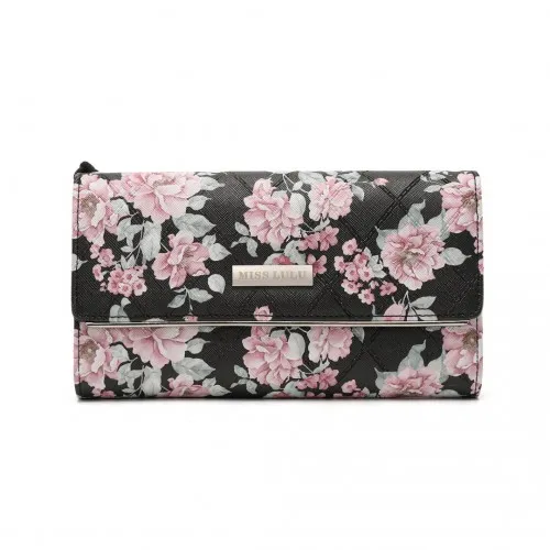 Miss Lulu Ladies' Flower Printed PU Leather Long Purse - Elegant & Spacious Black Wallet with Card Slots