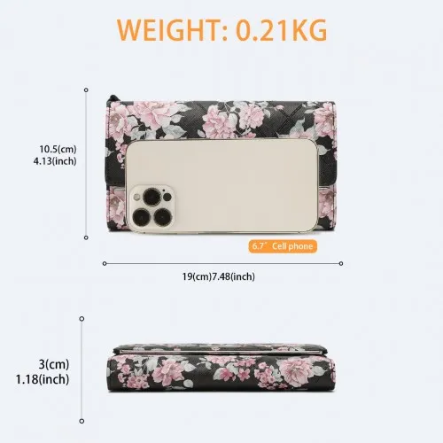 Miss Lulu Ladies' Flower Printed PU Leather Long Purse - Elegant & Spacious Black Wallet with Card Slots
