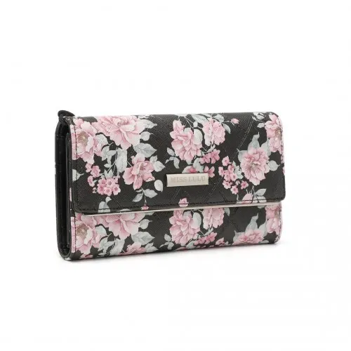 Miss Lulu Ladies' Flower Printed PU Leather Long Purse - Elegant & Spacious Black Wallet with Card Slots