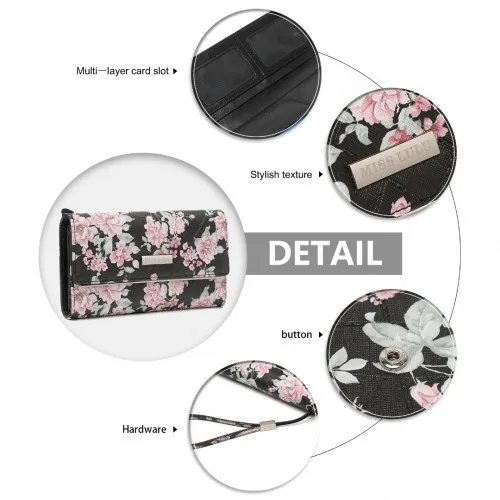 Miss Lulu Ladies' Flower Printed PU Leather Long Purse - Elegant & Spacious Black Wallet with Card Slots