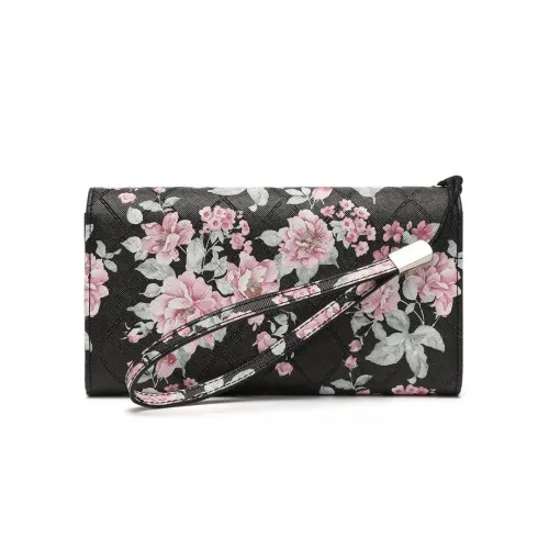 Miss Lulu Ladies' Flower Printed PU Leather Long Purse - Elegant & Spacious Black Wallet with Card Slots