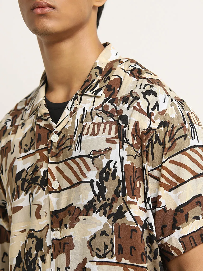 Nuon Brown Abstract Design Relaxed-Fit Shirt