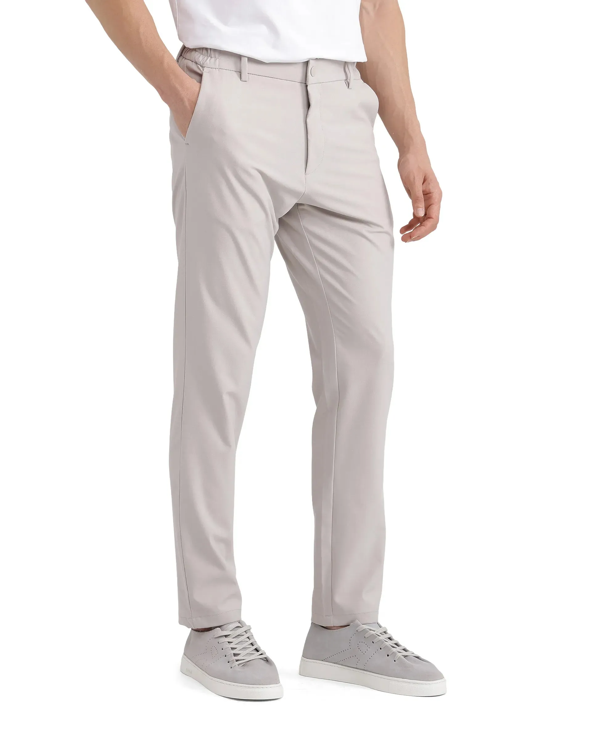 Rare Rabbit Men's Travel-11 Light Beige Polyester Viscose Fabric Button And Zip Closure Regular Fit Plain Trouser