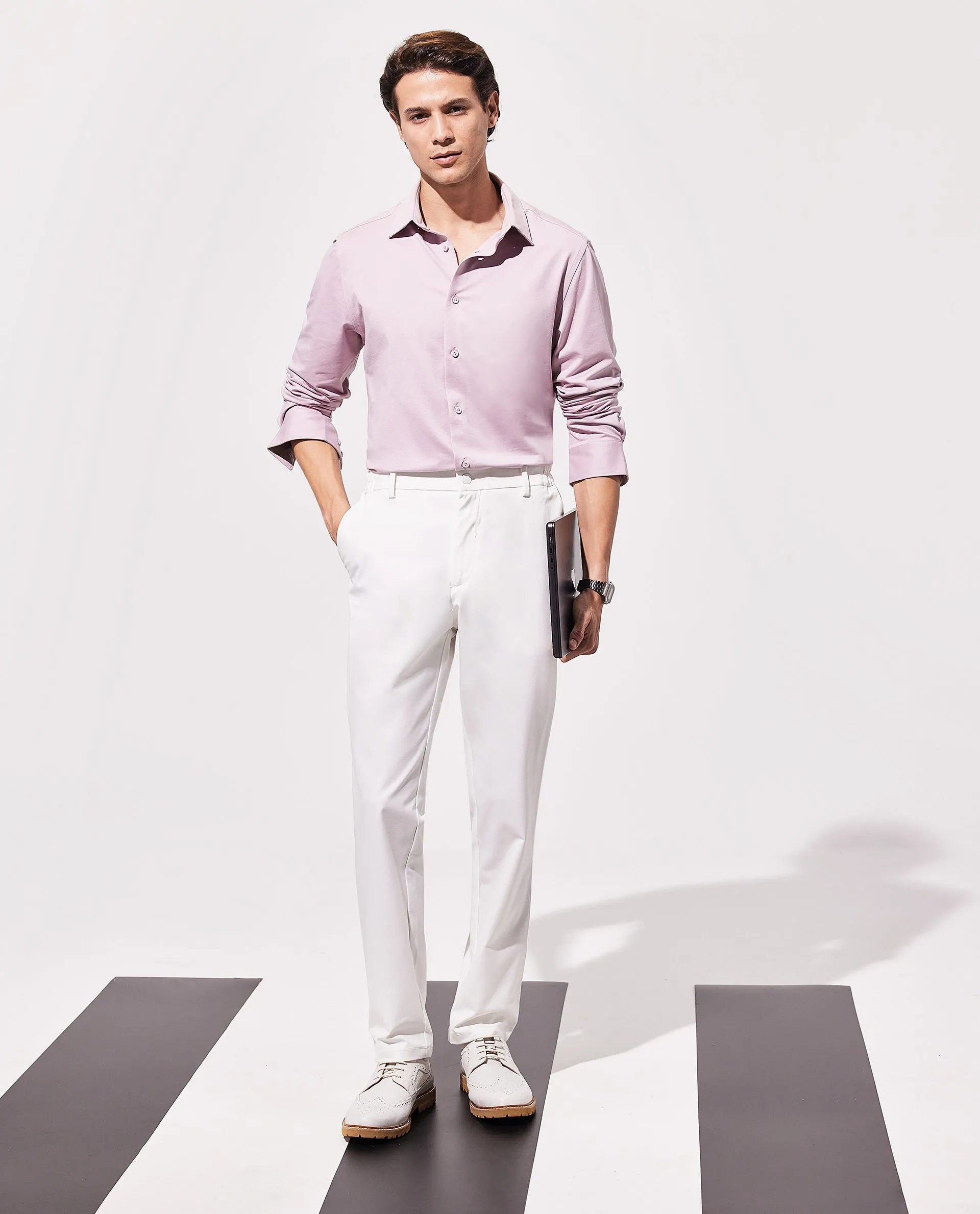 Rare Rabbit Men's Travel-11 White Polyester Viscose Fabric Button And Zip Closure Regular Fit Plain Trouser