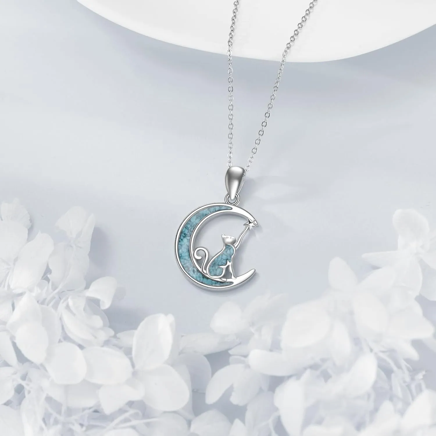 Turquoise Animal Necklace 925 Sterling Silver Cat/Fox/Owl Moon Pendant Jewelry Gift for Women