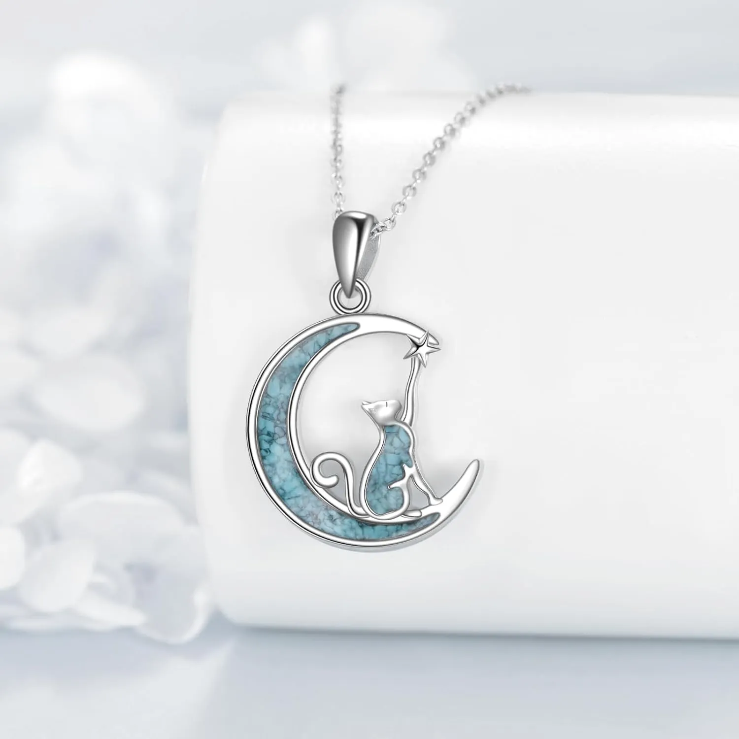 Turquoise Animal Necklace 925 Sterling Silver Cat/Fox/Owl Moon Pendant Jewelry Gift for Women
