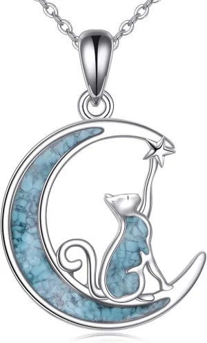 Turquoise Animal Necklace 925 Sterling Silver Cat/Fox/Owl Moon Pendant Jewelry Gift for Women Turquoise Animal Necklace 925 Sterling Silver Cat/Fox/Owl Moon Pendant Jewelry Gift for Women