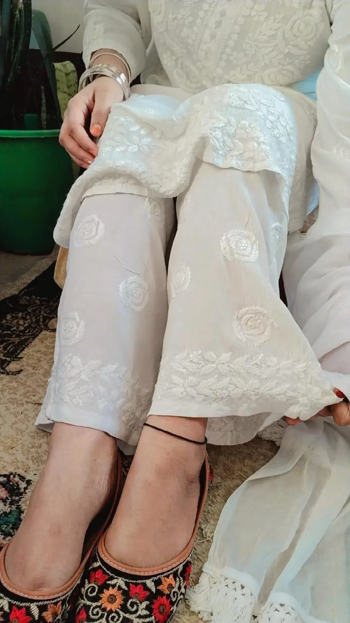 White  Ethereal Ensemble - Rayon Kurti Palazzo Chiffon Dupatta Set