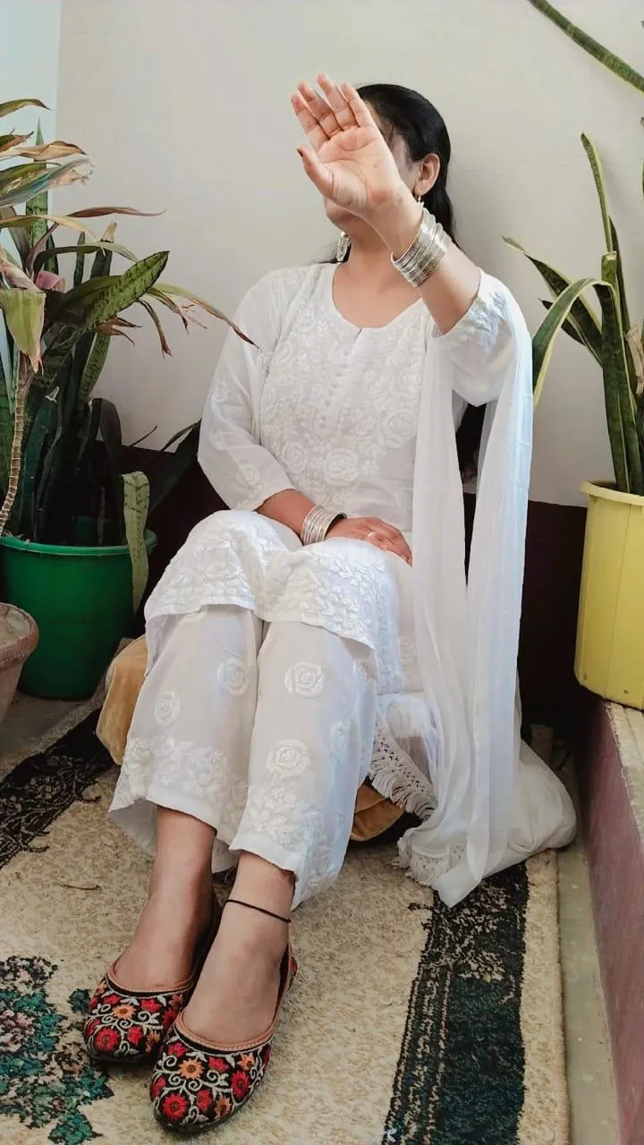 White  Ethereal Ensemble - Rayon Kurti Palazzo Chiffon Dupatta Set
