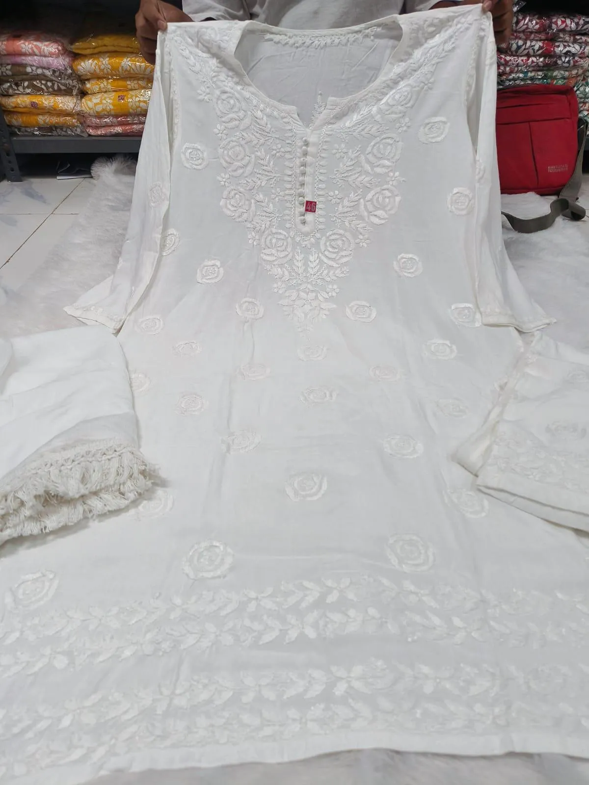 White  Ethereal Ensemble - Rayon Kurti Palazzo Chiffon Dupatta Set