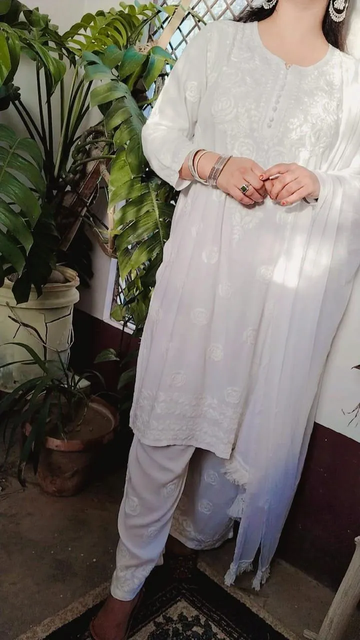 White  Ethereal Ensemble - Rayon Kurti Palazzo Chiffon Dupatta Set