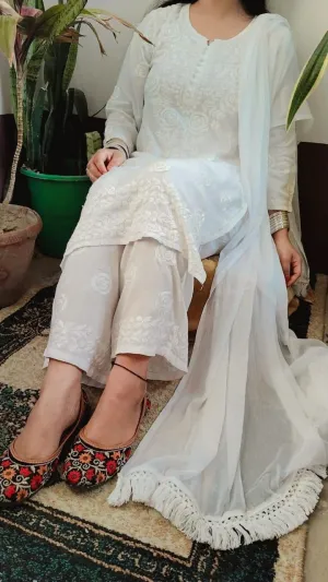 White  Ethereal Ensemble - Rayon Kurti Palazzo Chiffon Dupatta Set White  Ethereal Ensemble - Rayon Kurti Palazzo Chiffon Dupatta Set