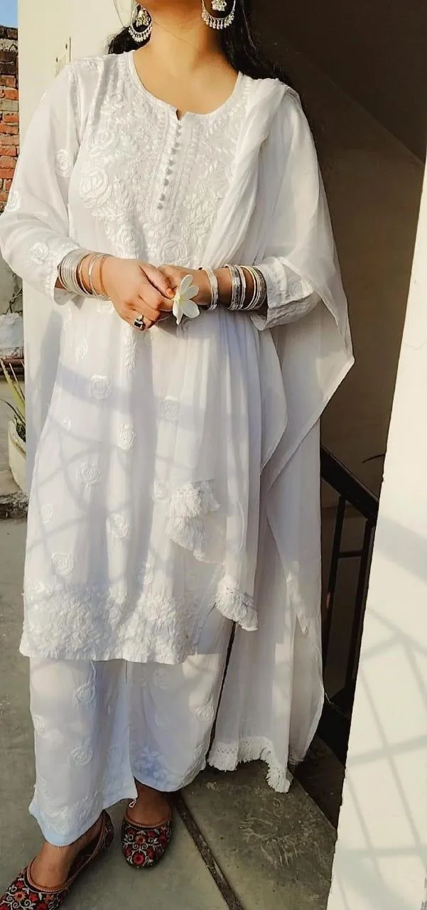 White  Ethereal Ensemble - Rayon Kurti Palazzo Chiffon Dupatta Set