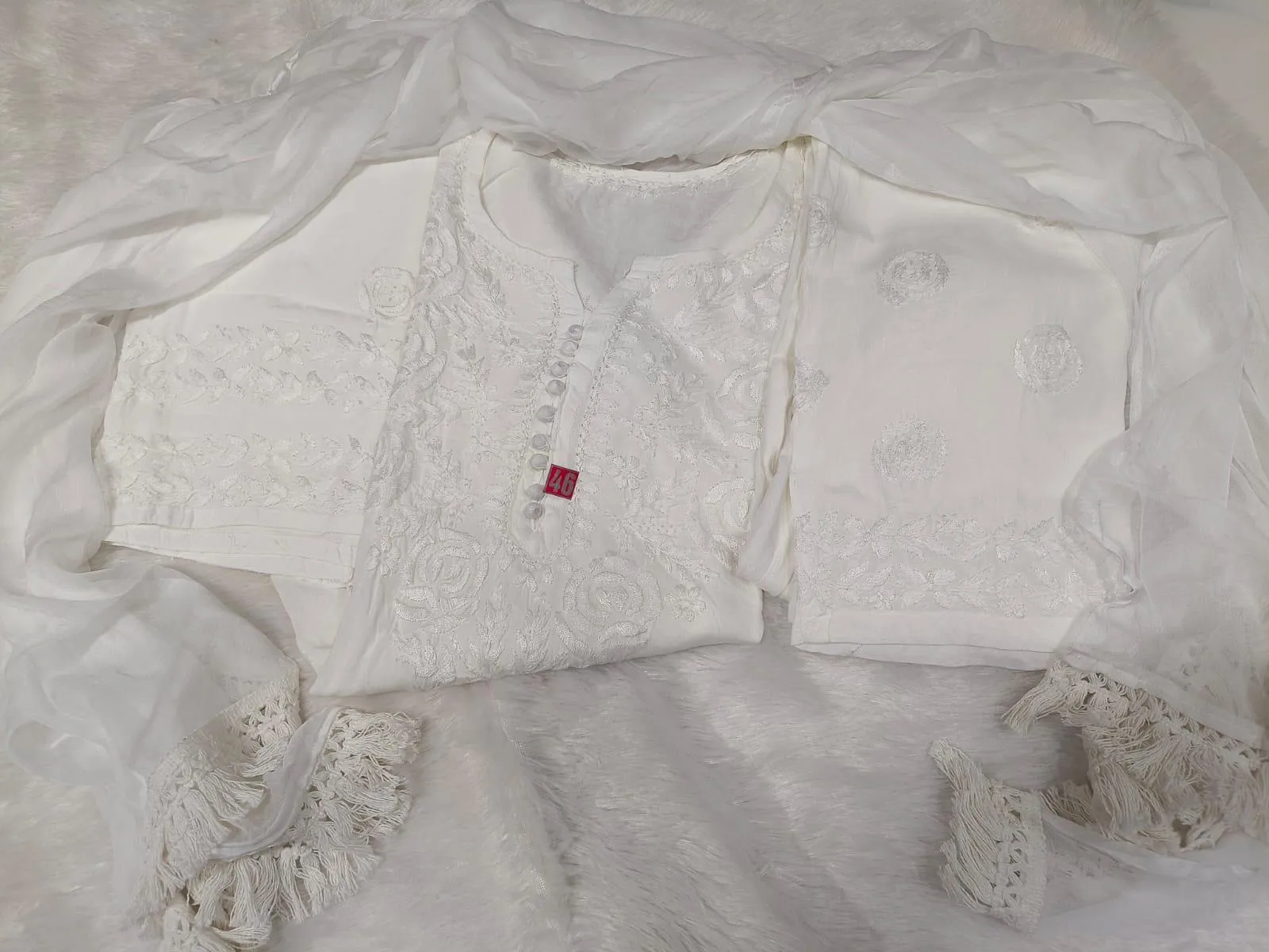 White  Ethereal Ensemble - Rayon Kurti Palazzo Chiffon Dupatta Set