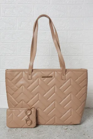 Women Beige Quilted Tote Bag With Small Coin Pouch Women Beige Quilted Tote Bag With Small Coin Pouch
