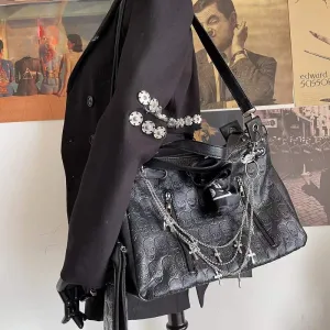 Y2K Skulls Printing Leather Punk Large Gothic Cross Chain Capacity Bag Y2K Skulls Printing Leather Punk Large Gothic Cross Chain Capacity Bag